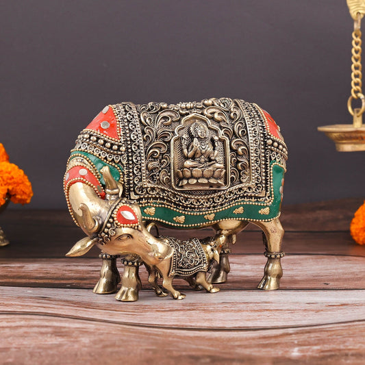 Brass Superfine Cow and Calf Statue Lakshmi Ganesha Engraving with Inlay Work 6 Inch