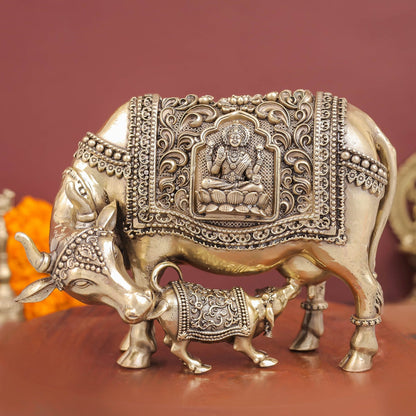 Brass Antique Kamdhenu with Lakshmi Ganesha Statue 6" by vendor-unknown - Spiritual