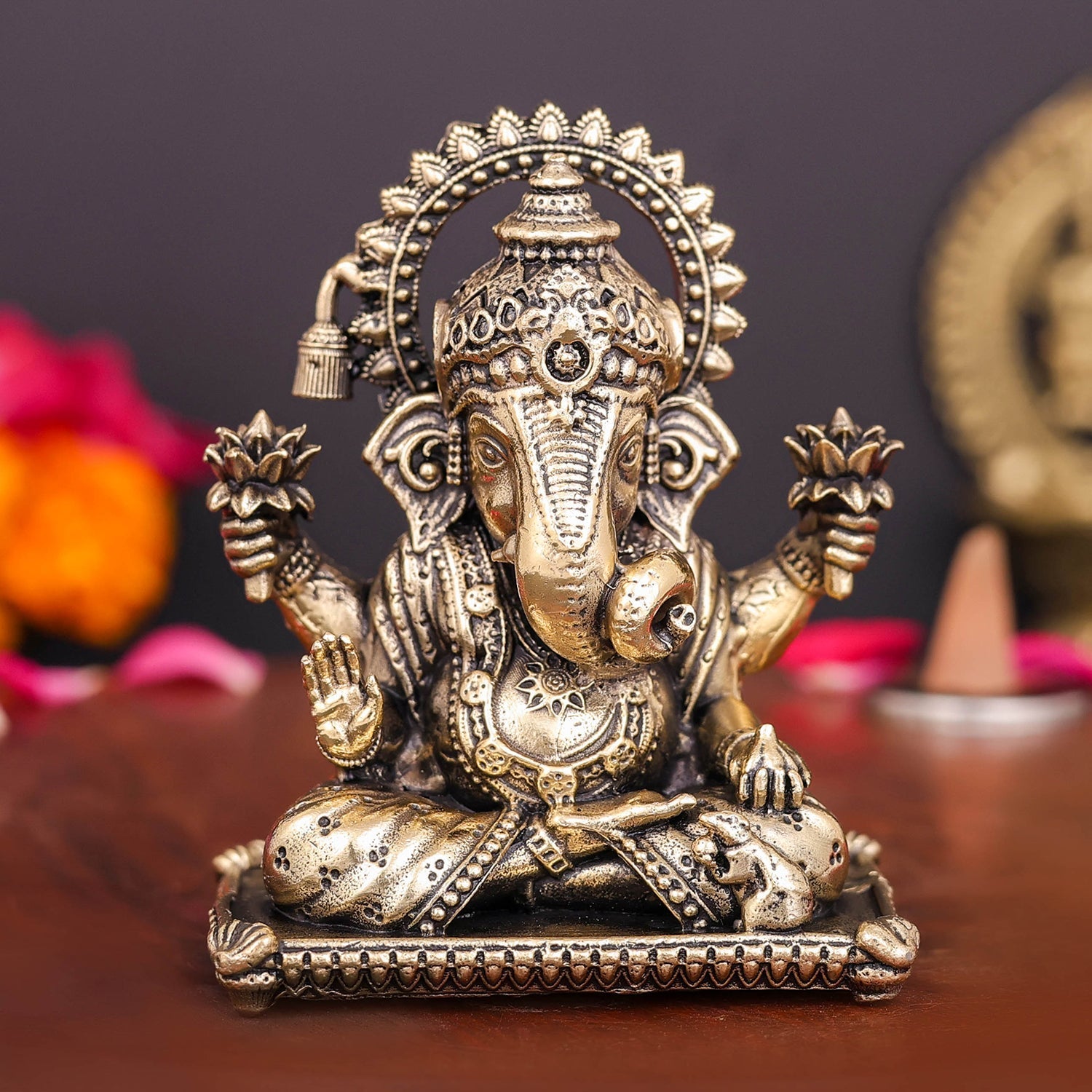 Brass Superfine Dagduseth Ganesha Idol 3 Inch - Eco-friendly - Sama Homes