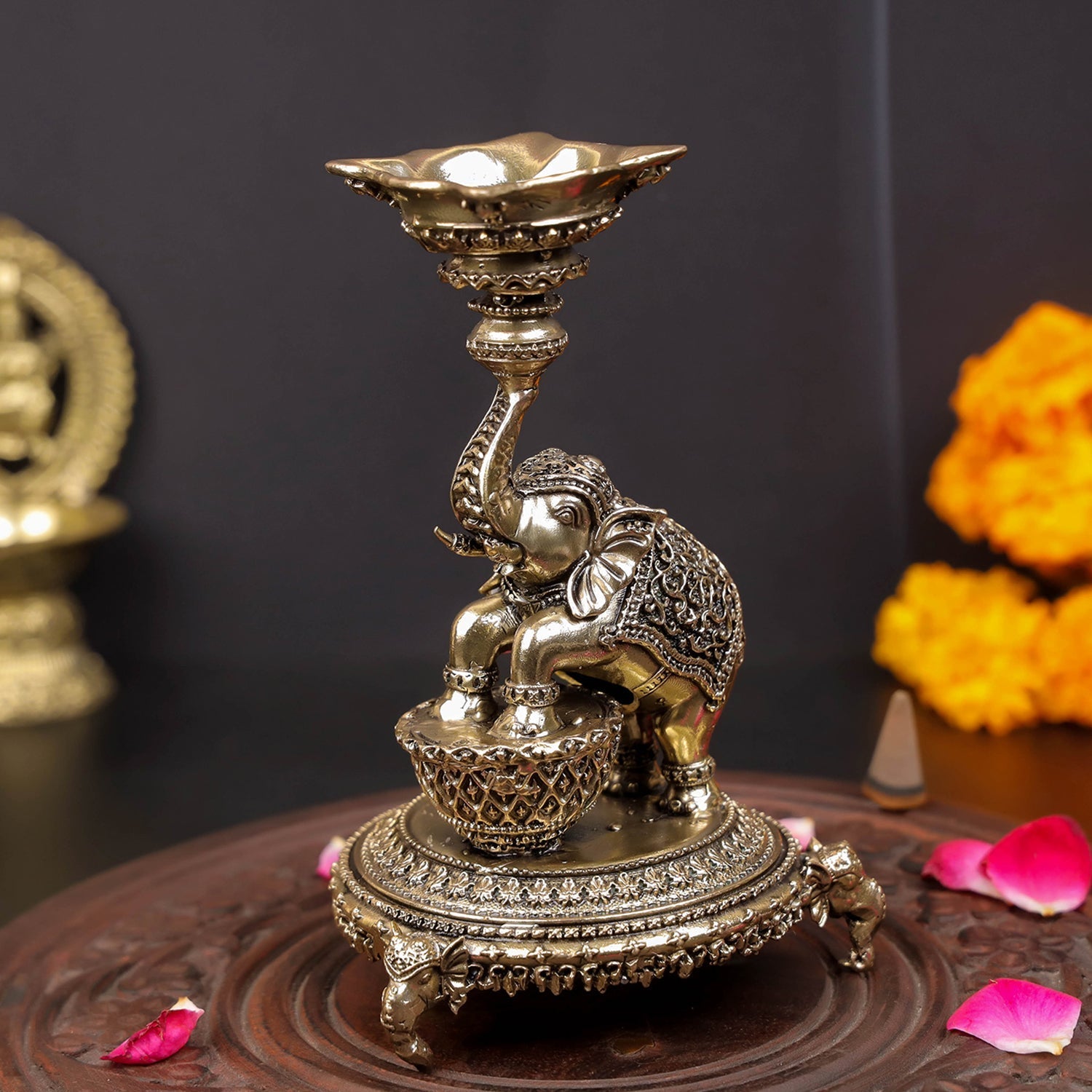 Brass Superfine Designer Elephant Diya Oil Lamp 5 Inch - Eco-friendly - Sama Homes