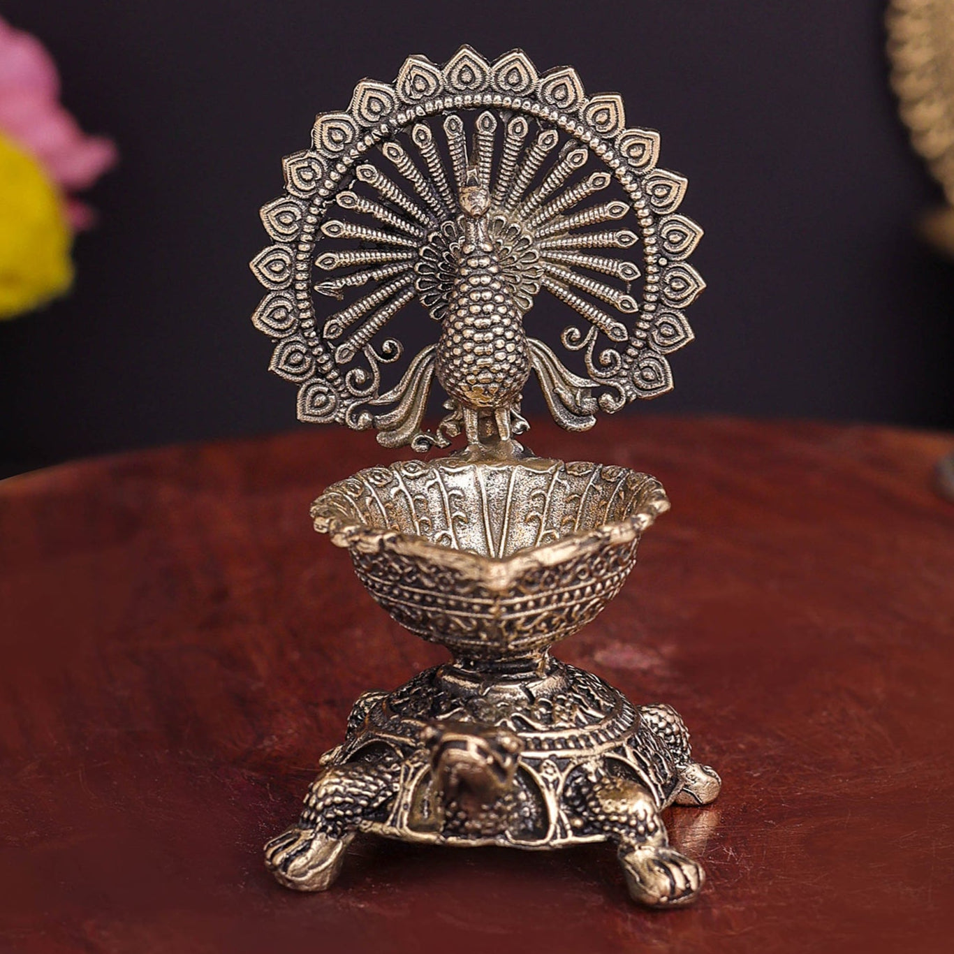Brass Superfine Designer Peacock Diya Lamp on Tortoise 3.5 Inch - Eco-friendly - Sama Homes