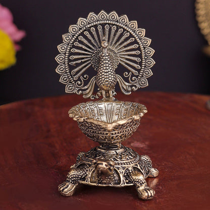 Brass Superfine Designer Peacock Diya Lamp on Tortoise 3.5 Inch by vendor-unknown - Spiritual