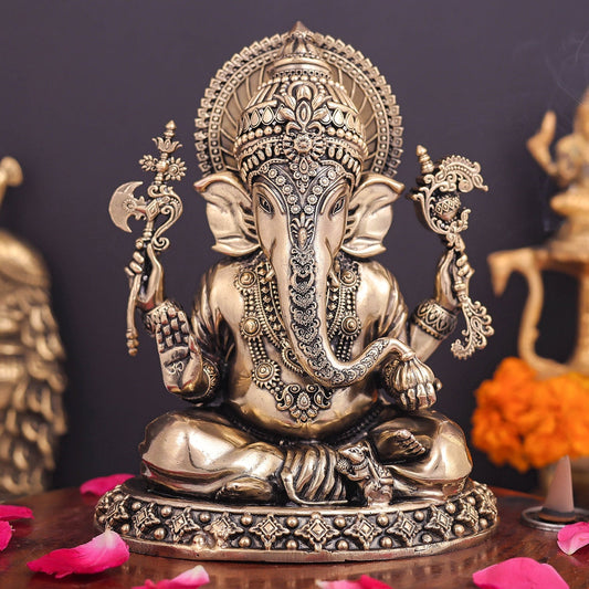Brass Superfine Ganesha Idol Intricately Crafted 6.5 Inch