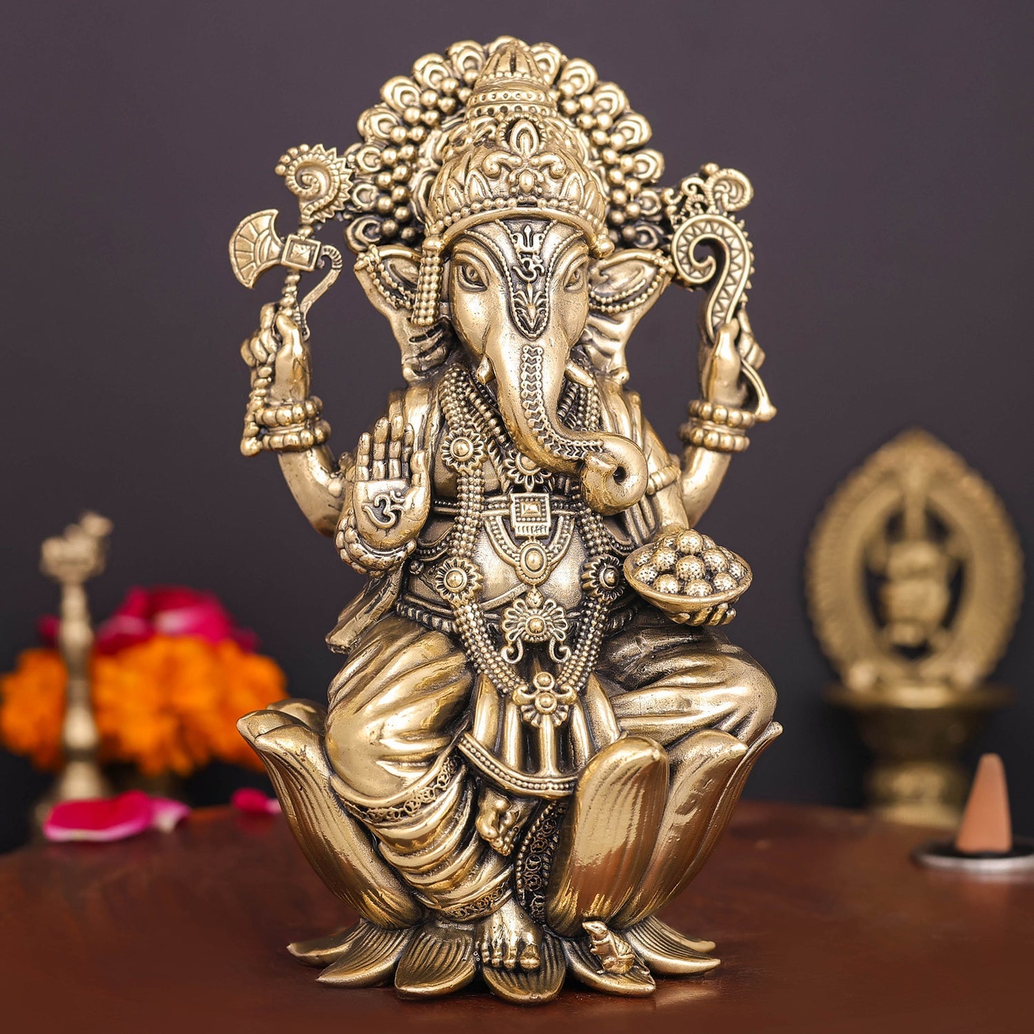 Brass Superfine Ganesha Idol Seated on Lotus 6 Inch - Eco-friendly - Sama Homes
