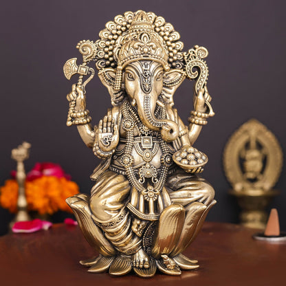 Brass Superfine Ganesha Idol Seated on Lotus 6 Inch by vendor-unknown - Hindu Gods