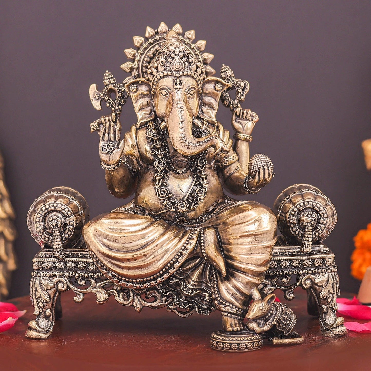 Brass Superfine Ganesha Idol Seated on Singhasan 6 Inch