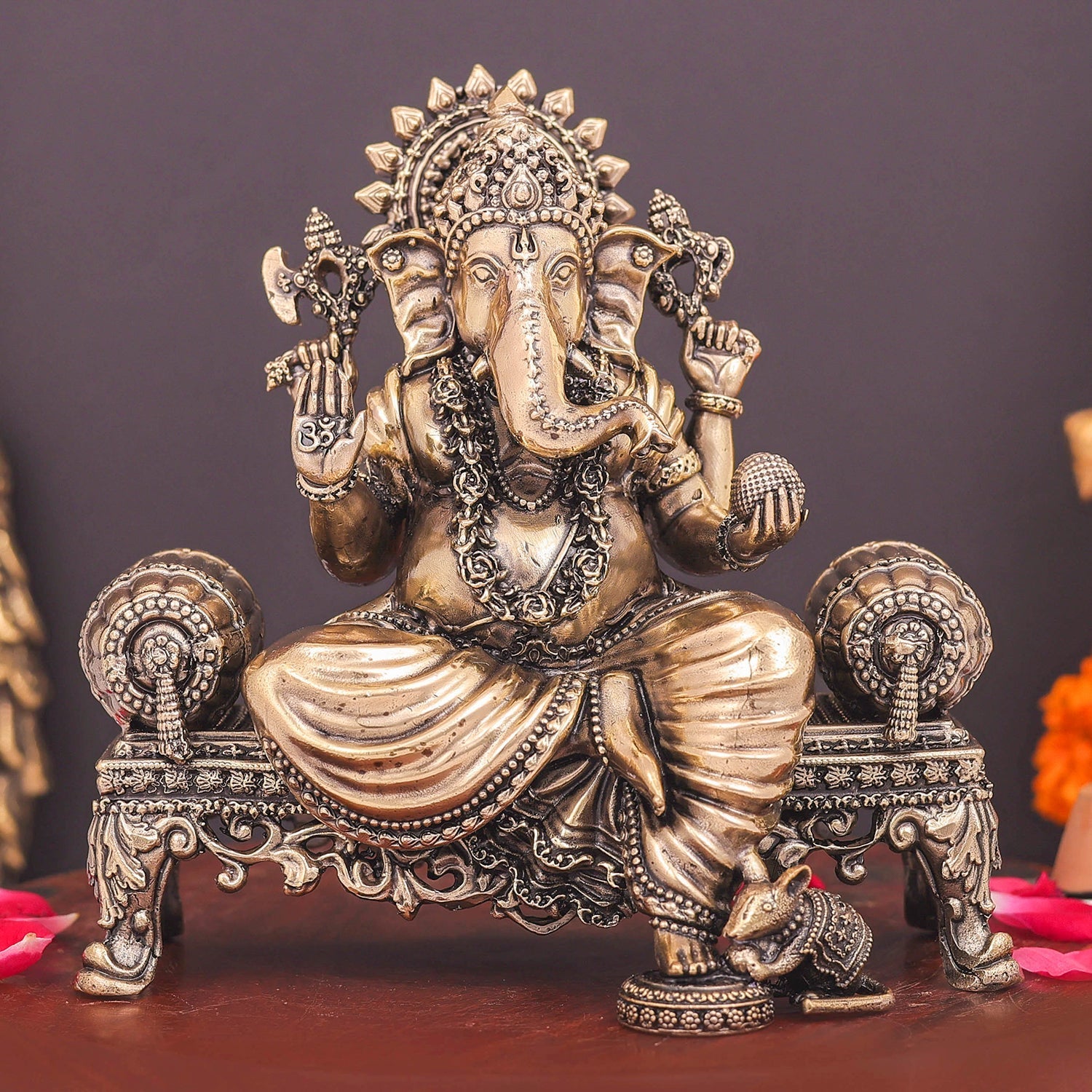 Brass Superfine Ganesha Idol Seated on Singhasan 6 Inch - Eco-friendly - Sama Homes
