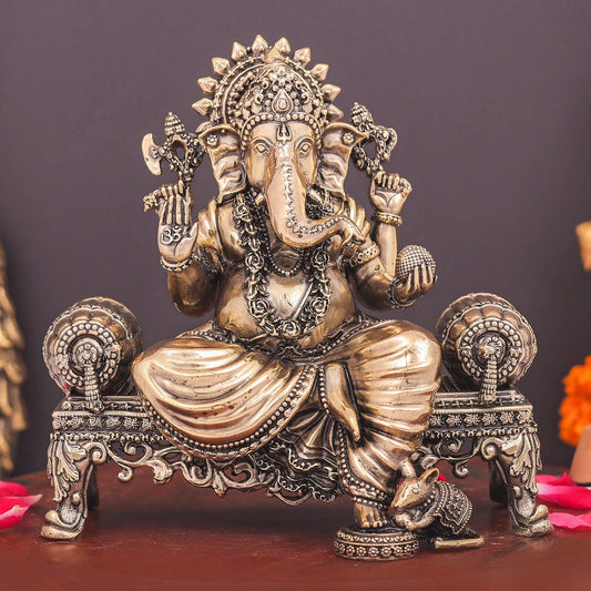 Brass Superfine Ganesha Idol Seated on Singhasan 6 Inch