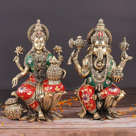 Brass Superfine Ganesha Lakshmi Idol Stone Work 10 Inch
