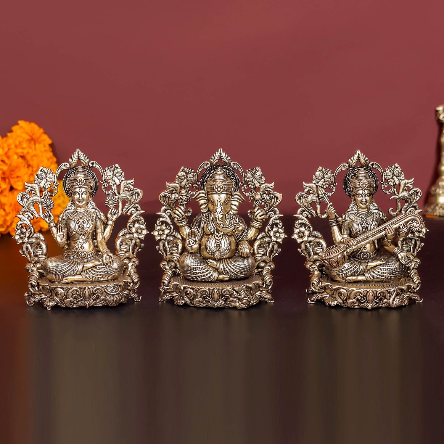 Brass Antique Ganesha, Lakshmi, Saraswati Idol 4'' - Eco-friendly - Sama Homes