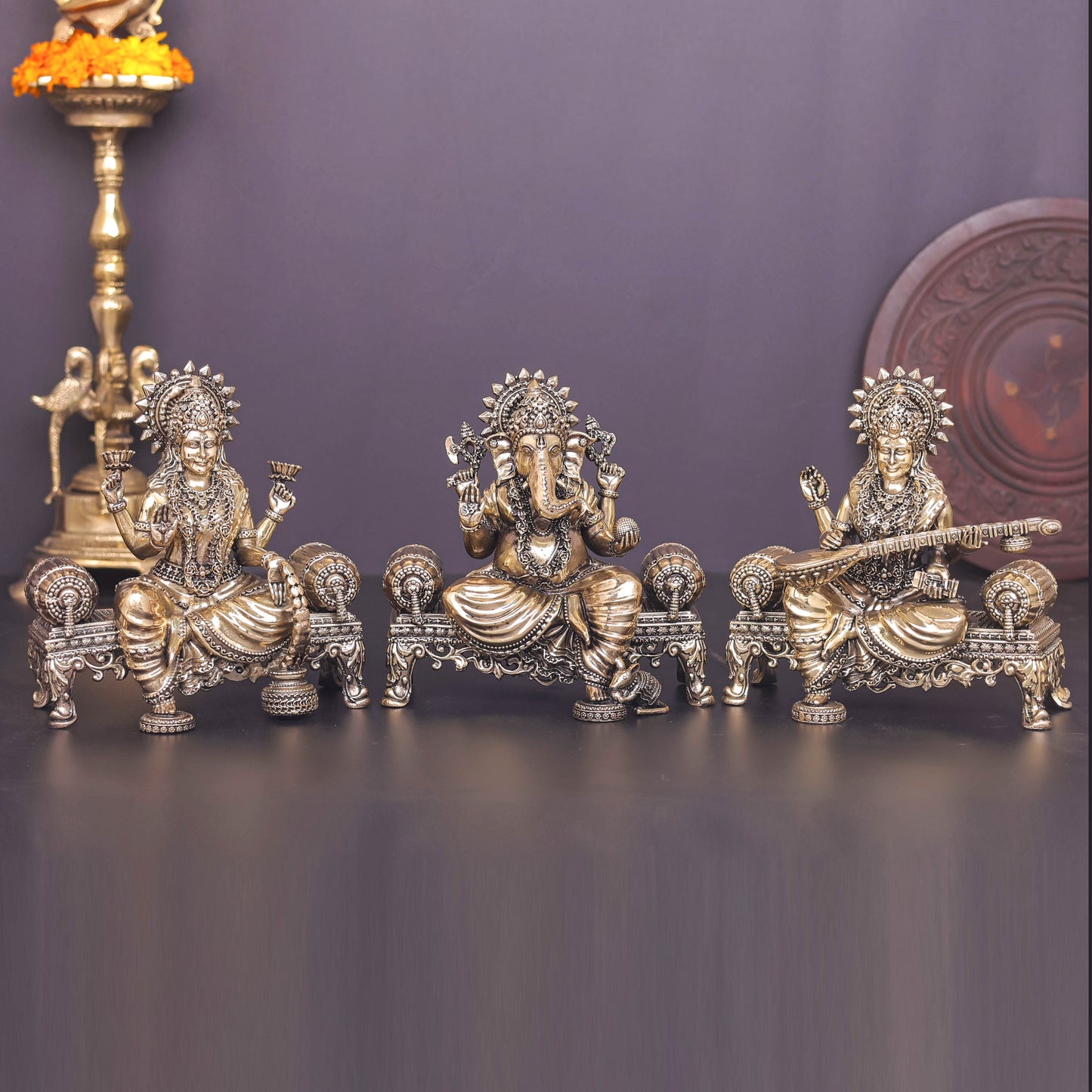 Brass Superfine Ganesha Lakshmi Saraswati Idol 6 Inch