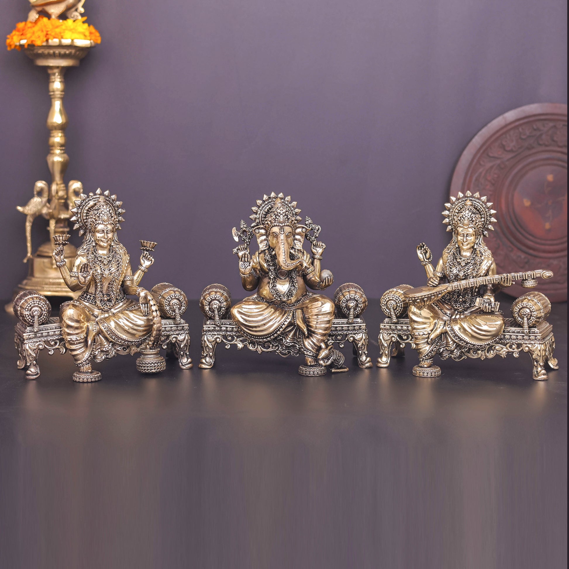 Brass Superfine Ganesha Lakshmi Saraswati Idol 6 Inch - Eco-friendly - Sama Homes
