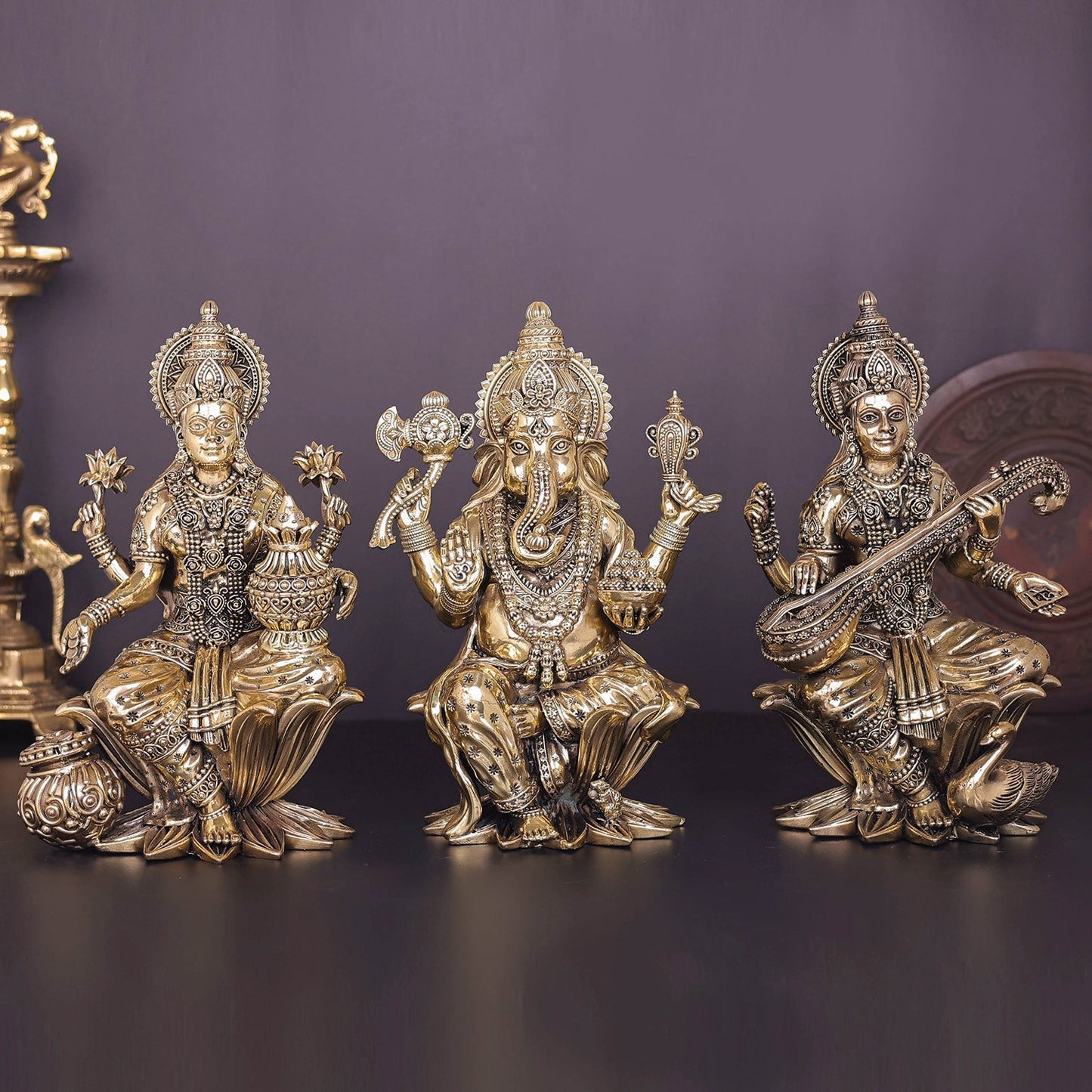 Brass Superfine Ganesha Lakshmi Saraswati Idol Sitting On Lotus 10 Inch