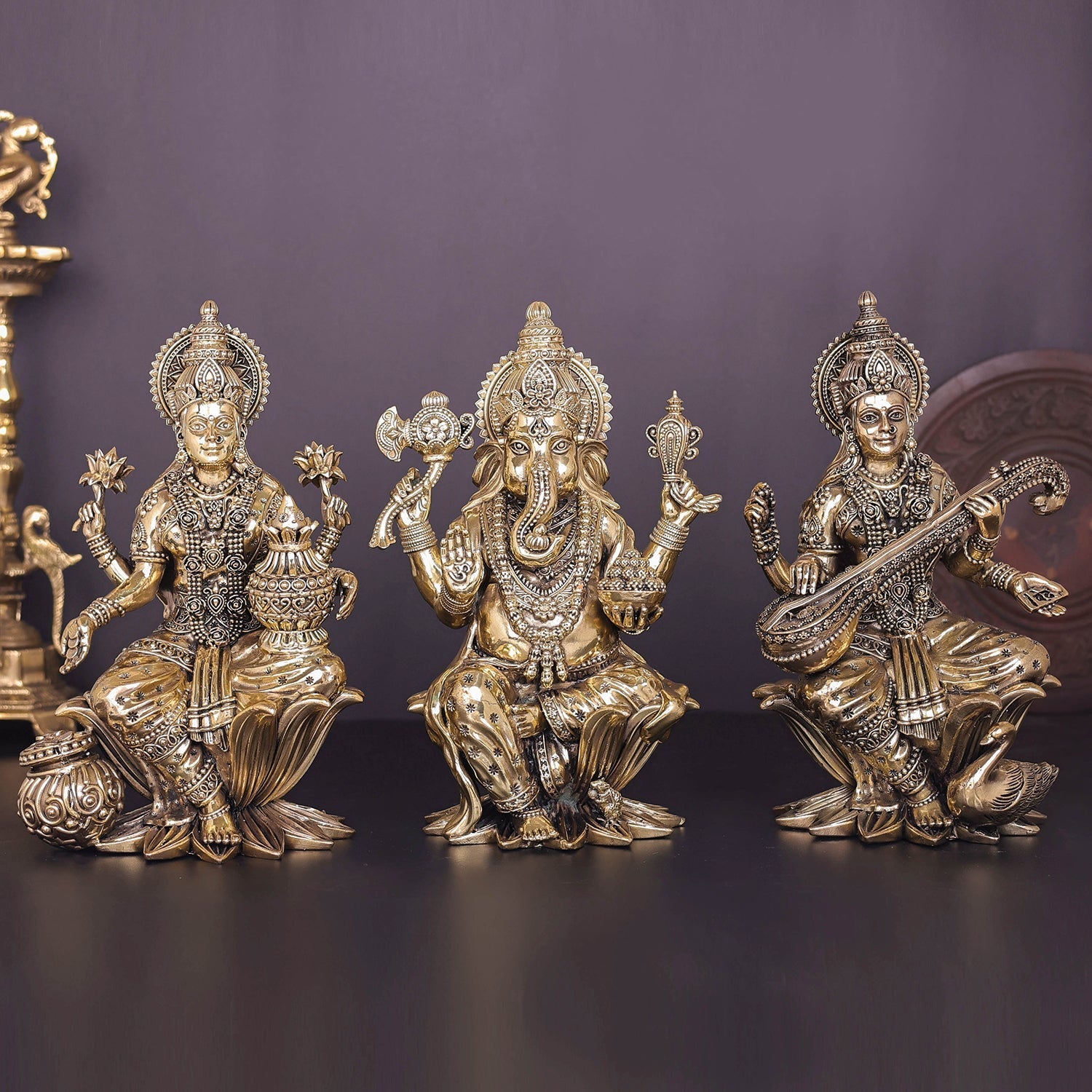 Brass Superfine Ganesha Lakshmi Saraswati Idol Sitting On Lotus 10 Inch - Eco-friendly - Sama Homes