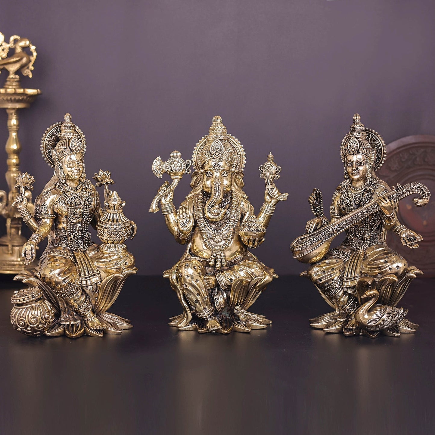Brass Superfine Ganesha Lakshmi Saraswati Idol Sitting On Lotus 10 Inch
