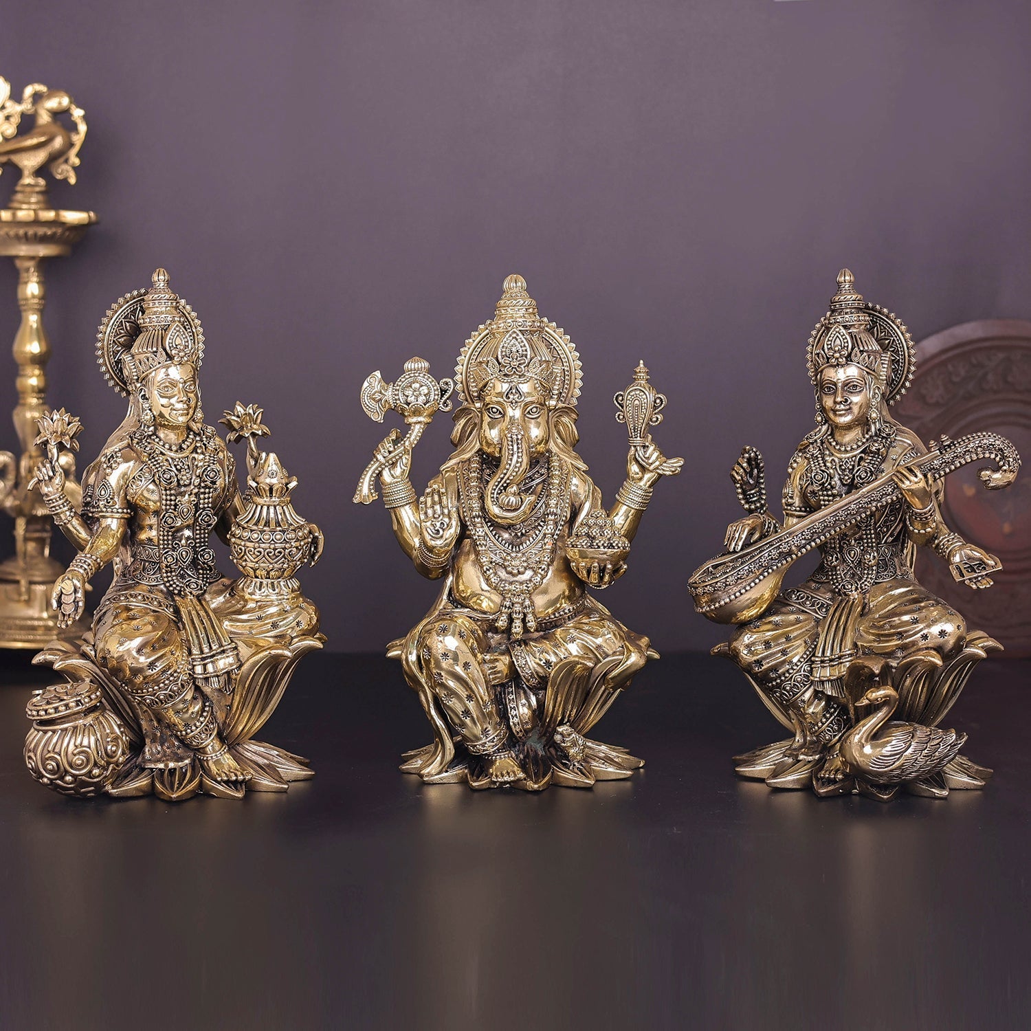 Brass Superfine Ganesha Lakshmi Saraswati Idol Sitting On Lotus 10 Inch - Image 3