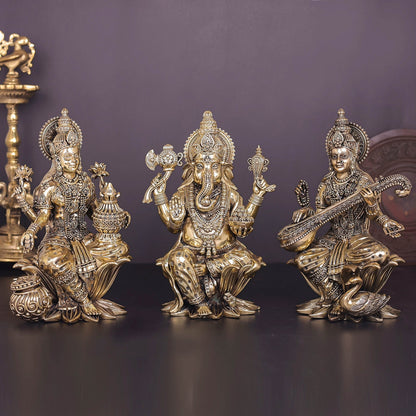 Brass Superfine Ganesha Lakshmi Saraswati Idol Sitting On Lotus 10 Inch by vendor-unknown - Hindu Gods (View 3)
