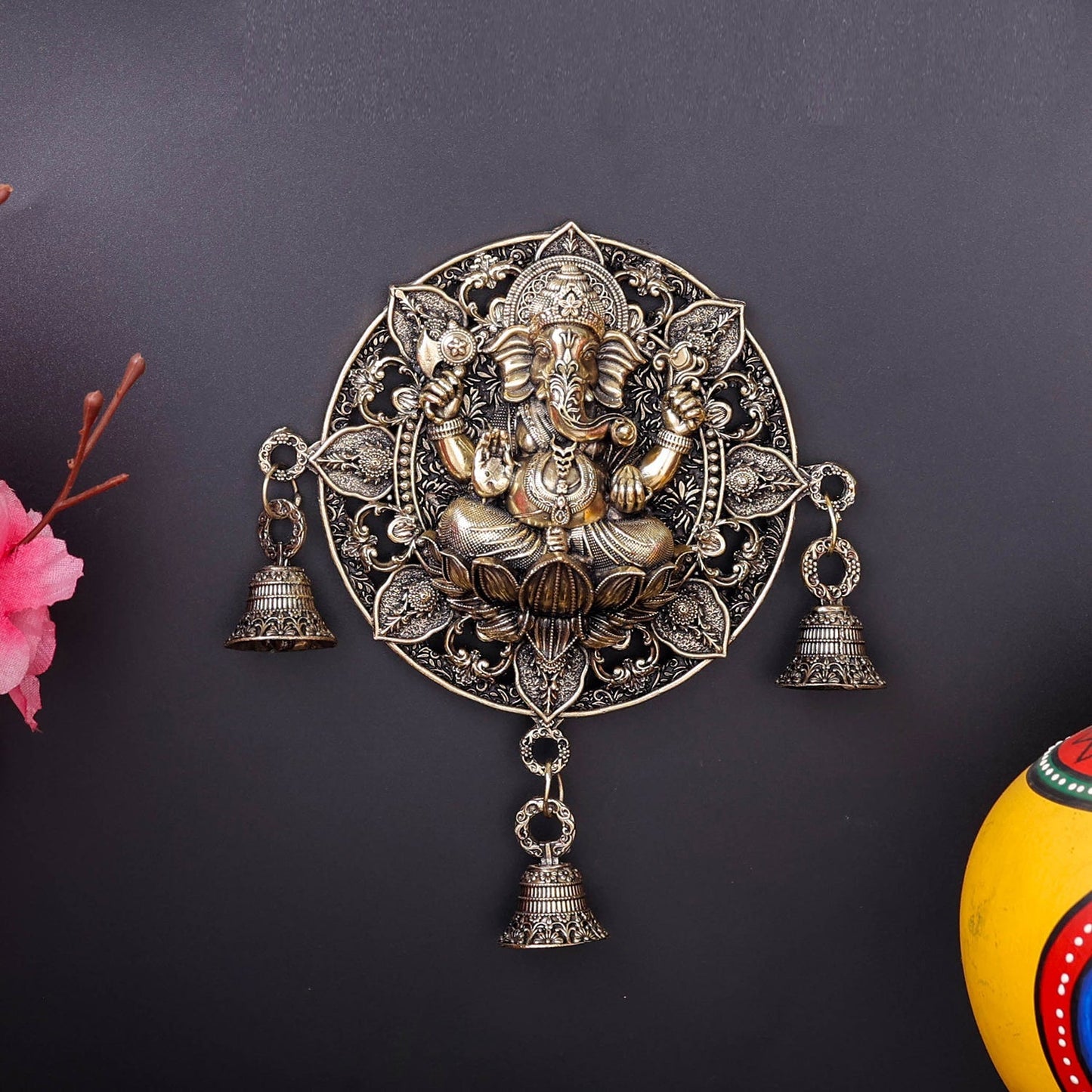 Brass Ganesha Wall Hanging with Bells 7''