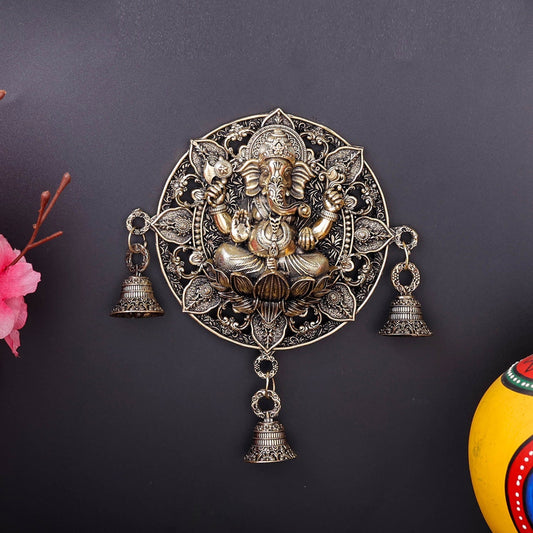 Brass Ganesha Wall Hanging with Bells 7''