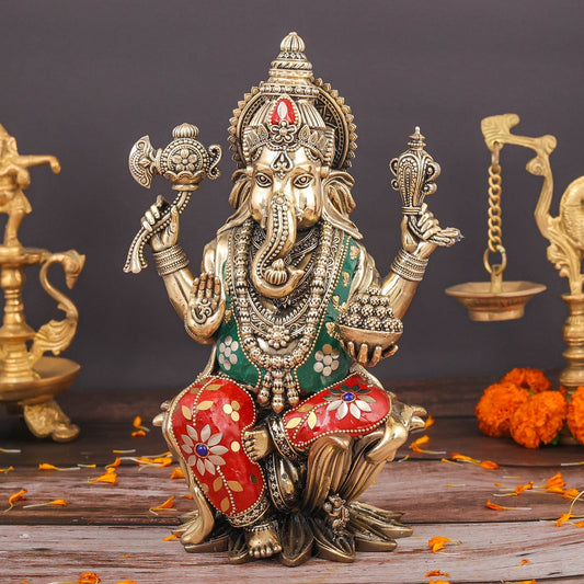 Brass Superfine Ganesha Seated On Lotus Stone Work 10 Inch