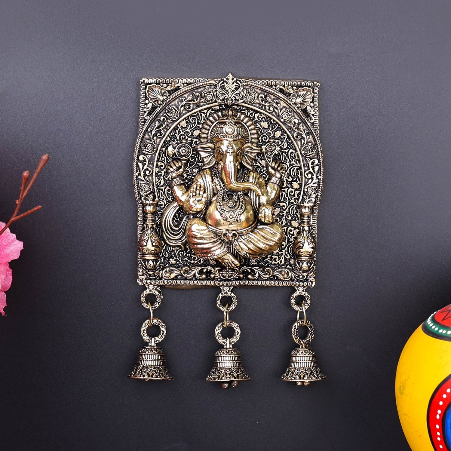 Brass Superfine Ganesha Wall Hanging With Bells 7 Inch - Eco-friendly - Sama Homes