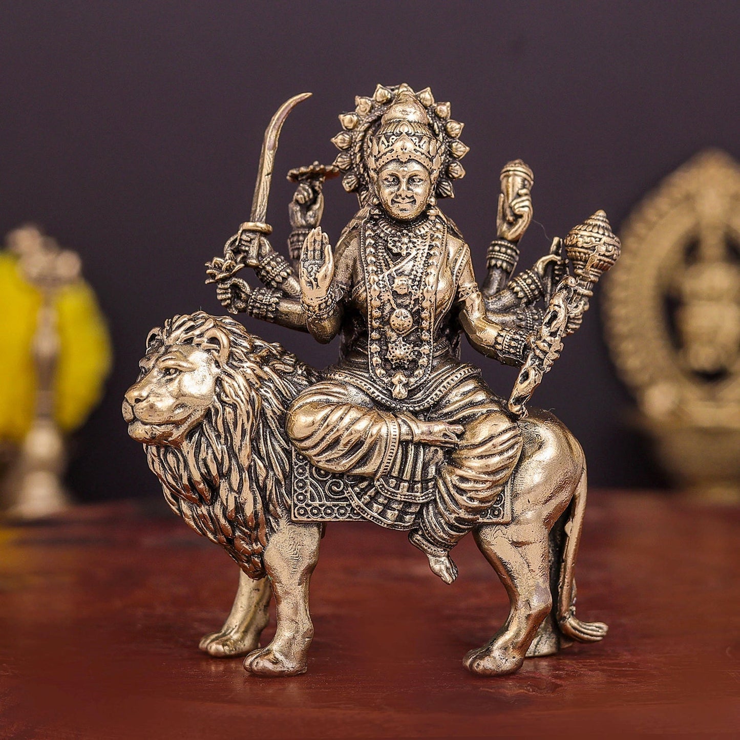 Brass Superfine Goddeess Durga Idol on Lion 3 Inch