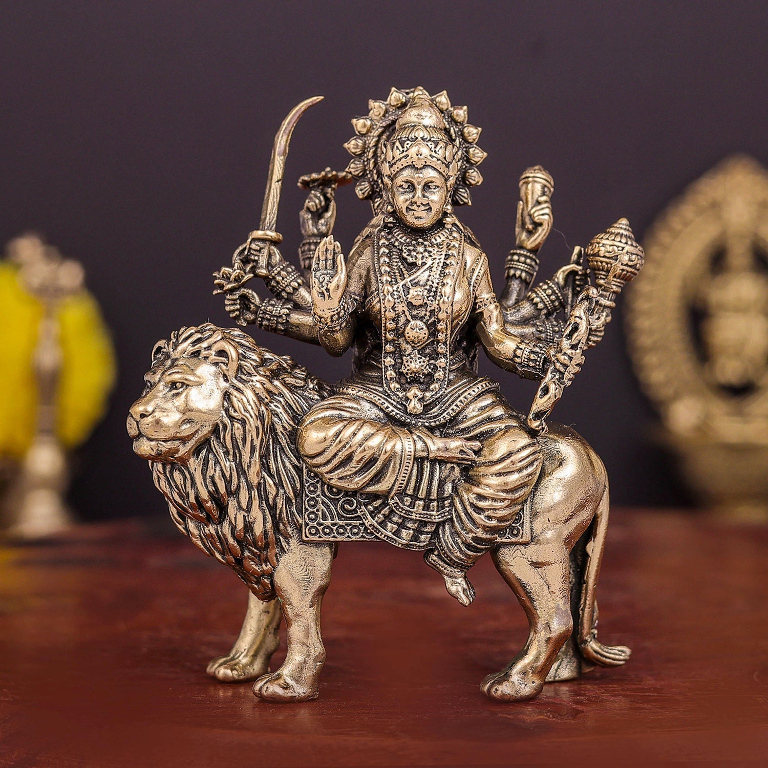 Brass Superfine Goddeess Durga Idol on Lion 3 Inch - Eco-friendly - Sama Homes