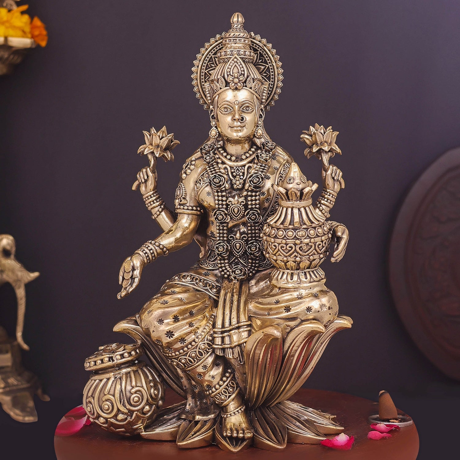 Brass Superfine Goddess Lakshmi Idol Seated on Lotus 10 Inch - Eco-friendly - Sama Homes
