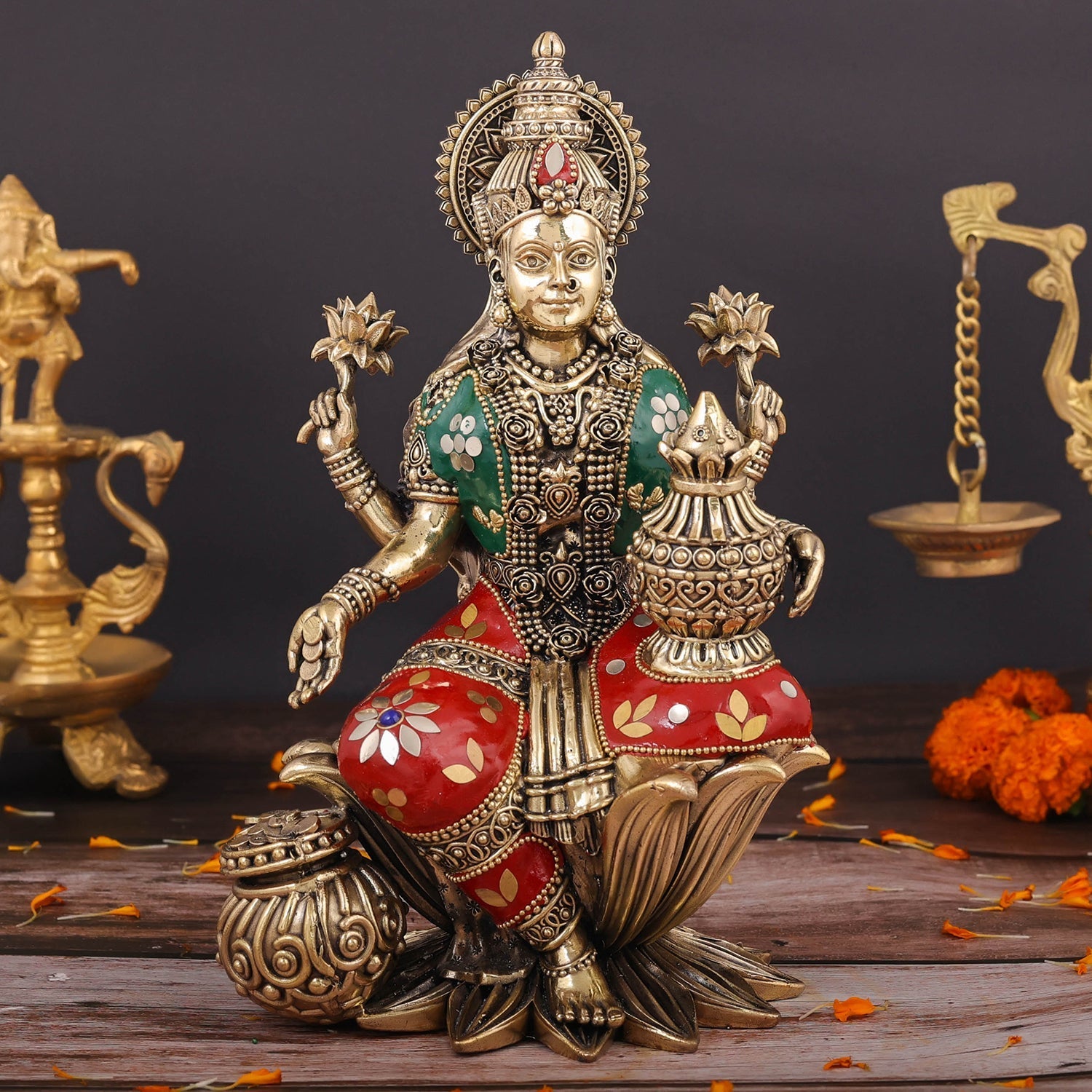 Brass Superfine Goddess Lakshmi Idol Seated on Lotus Stone Work 10 Inch - Eco-friendly - Sama Homes