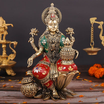 Brass Superfine Goddess Lakshmi Idol Seated on Lotus Stone Work 10 Inch by vendor-unknown - Hindu Gods