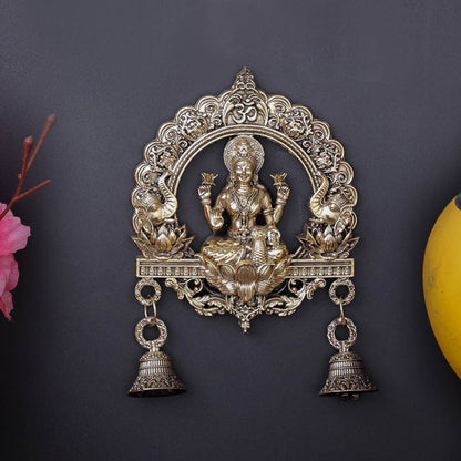 Brass Superfine Goddess Lakshmi Idol Wall Hanging With Bells 6 Inch by vendor-unknown - Hindu Gods