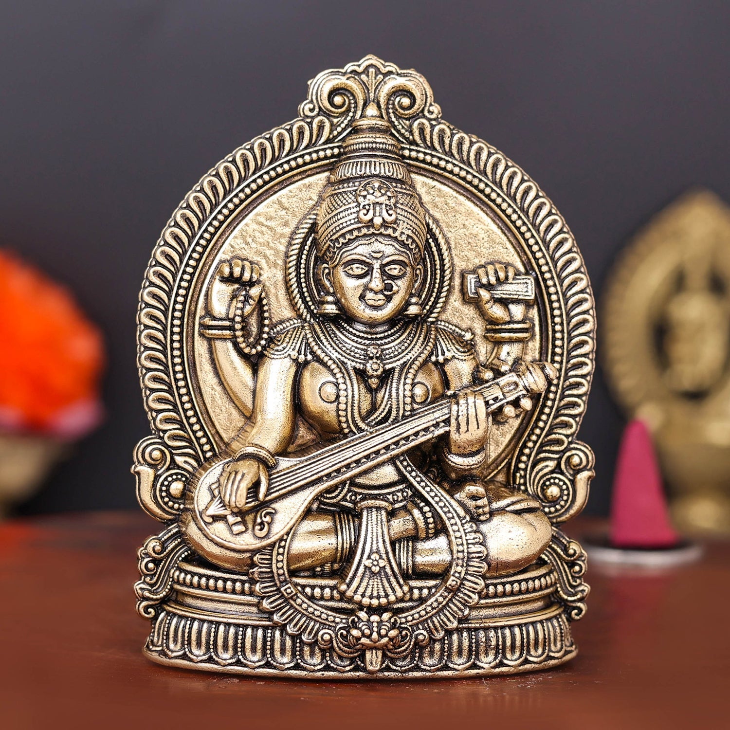 Brass Superfine Goddess Saraswati Idol 4 Inch - Eco-friendly - Sama Homes