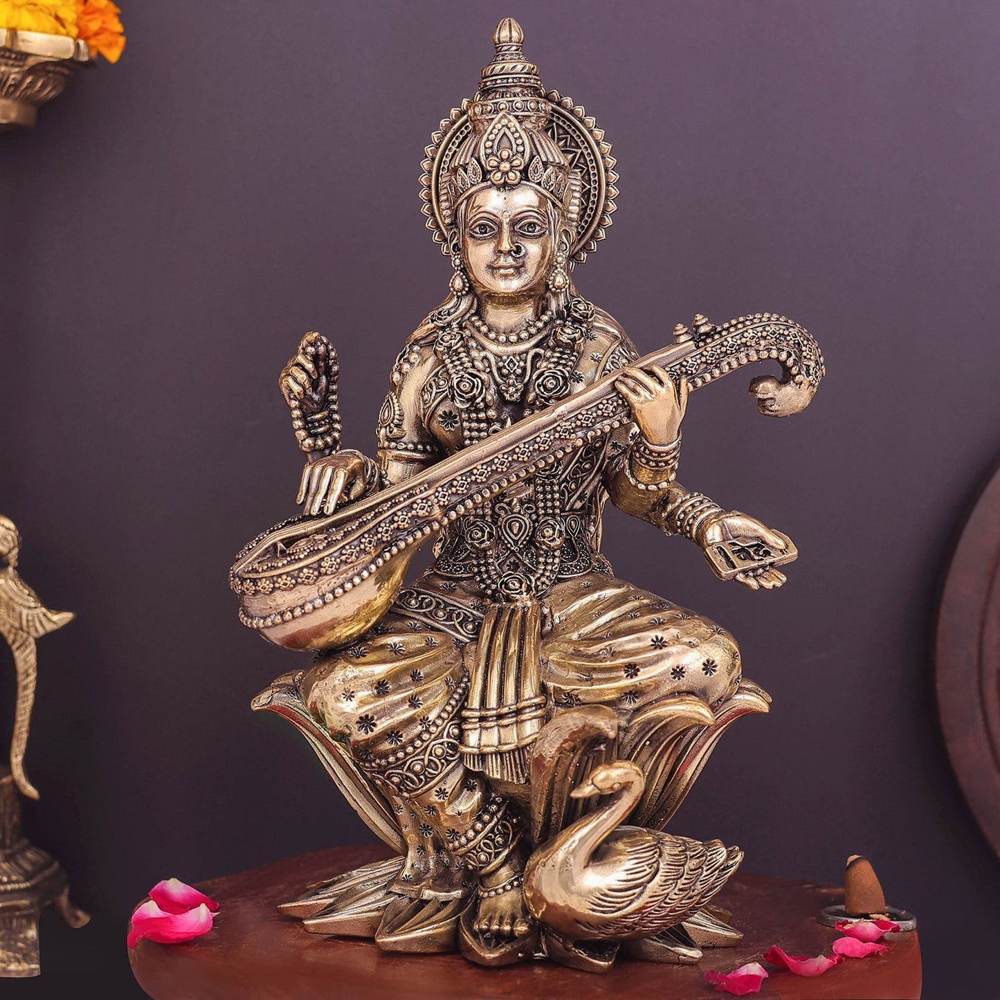 Brass Superfine Goddess Saraswati Idol Seated on Lotus 10 Inch