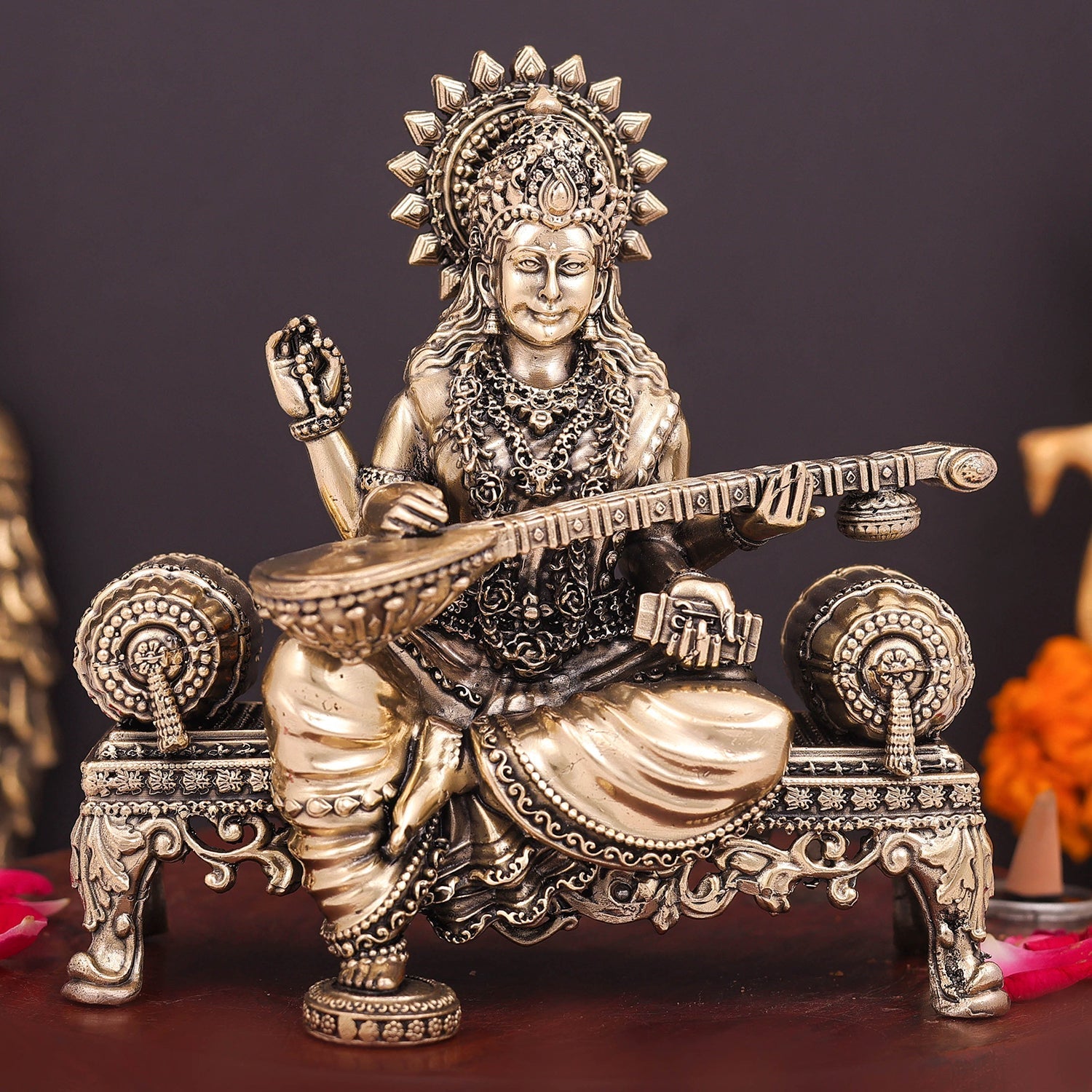 Brass Superfine Goddess Saraswati Idol Seated on Singhasan 6 Inch - Eco-friendly - Sama Homes