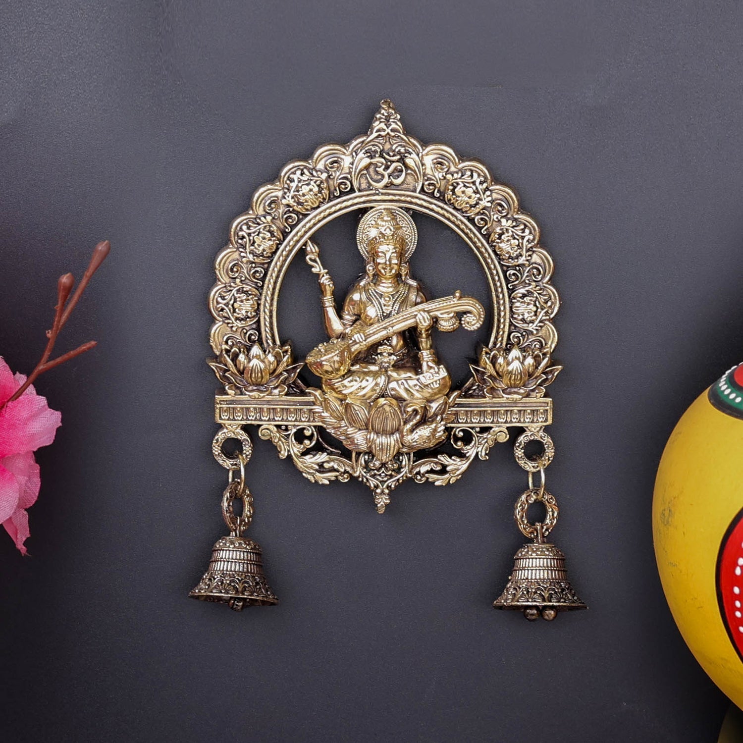 Brass Superfine Goddess Saraswati Idol Wall Hanging with Bells 6 Inch - Eco-friendly - Sama Homes