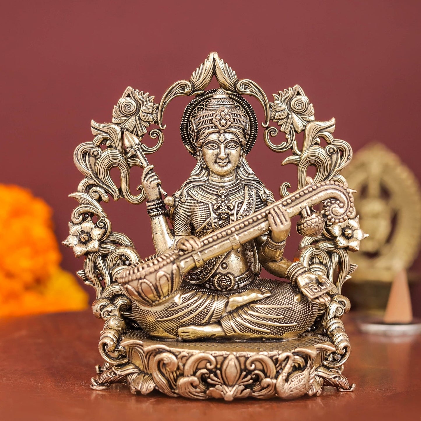 Brass Superfine Goddess Saraswati Idol with Floral Prabhavali 4 Inch
