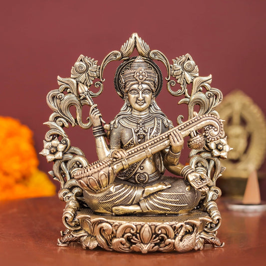 Brass Superfine Goddess Saraswati Idol with Floral Prabhavali 4 Inch