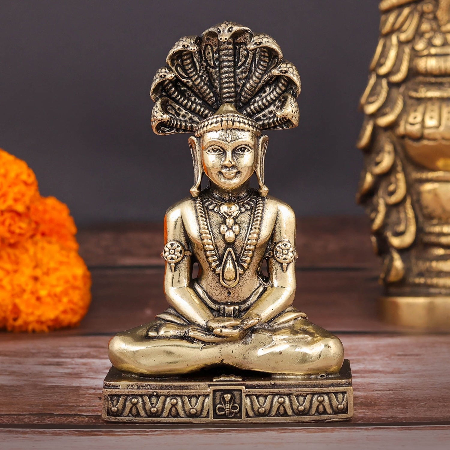 Brass Superfine Jain God Parshwanath Statue With Serpent 4 Inch - Eco-friendly - Sama Homes