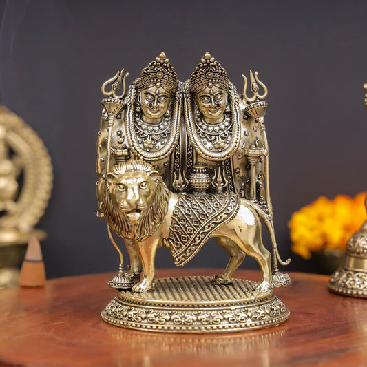 Brass Superfine Kaila Devi Chamunda Mata on Lion Idol 4.5 Inch