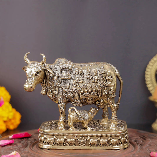 Brass Superfine Kamadhenu Cow with Engraved Gods and Goddesses 4 Inch