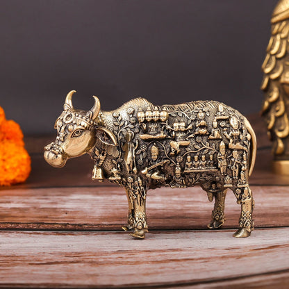 Brass Superfine Kamadhenu Cow with Engraved Gods and Goddesses 4 Inch by vendor-unknown - Spiritual