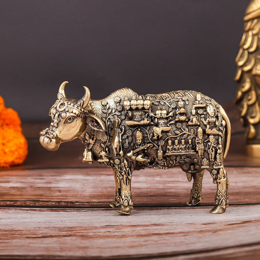Brass Superfine Kamadhenu Cow with Engraved Gods and Goddesses 4 Inch