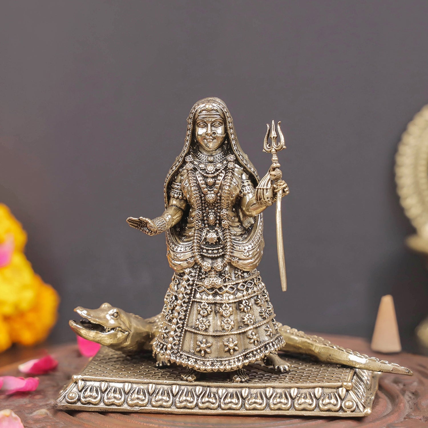 Brass Superfine Khodiyar Mata With Crocodile (Goddess Ganga) 4 Inches - Eco-friendly - Sama Homes