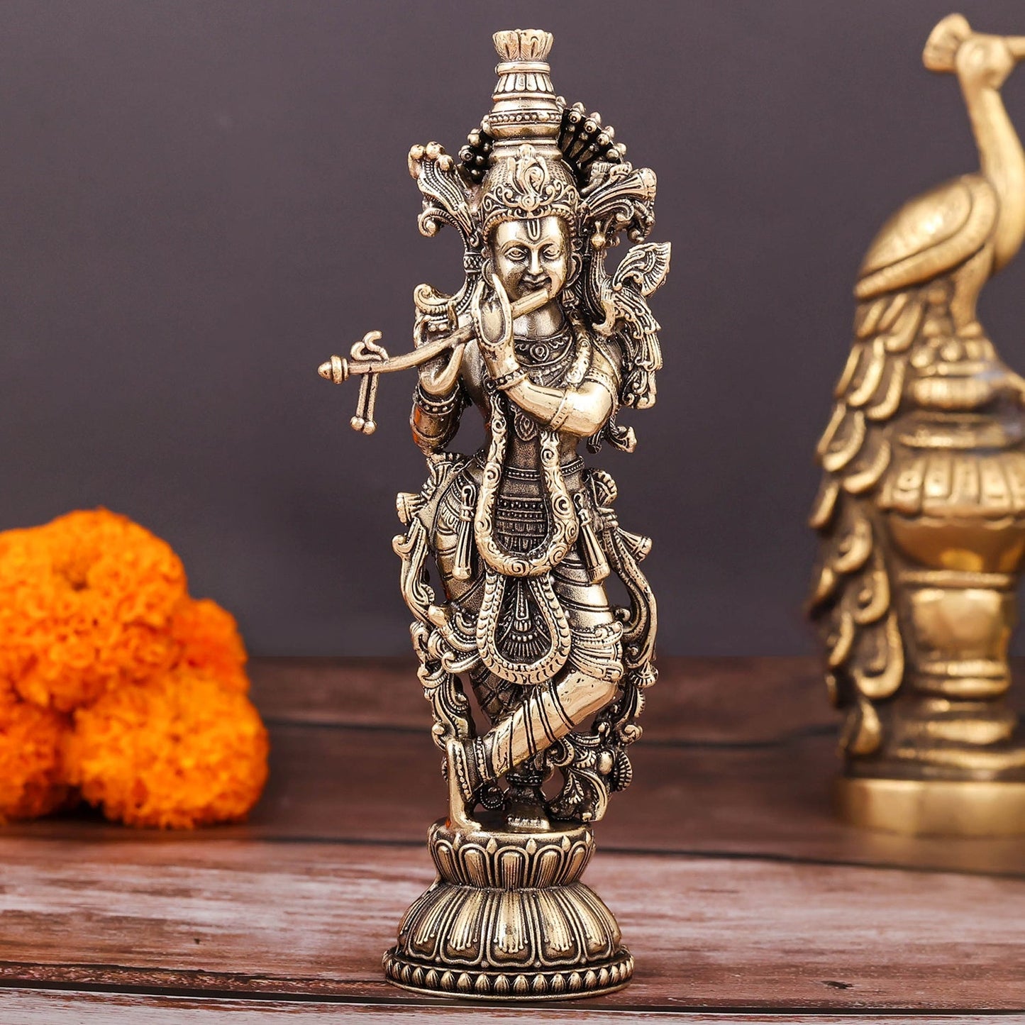 Brass Superfine Krishna Idol Intricate Carvings 6 Inch