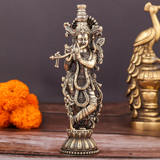 Brass Superfine Krishna Idol Intricate Carvings 6 Inch