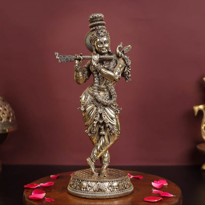 Brass Antique Lord Krishna Statue 10" by vendor-unknown - Hindu Gods