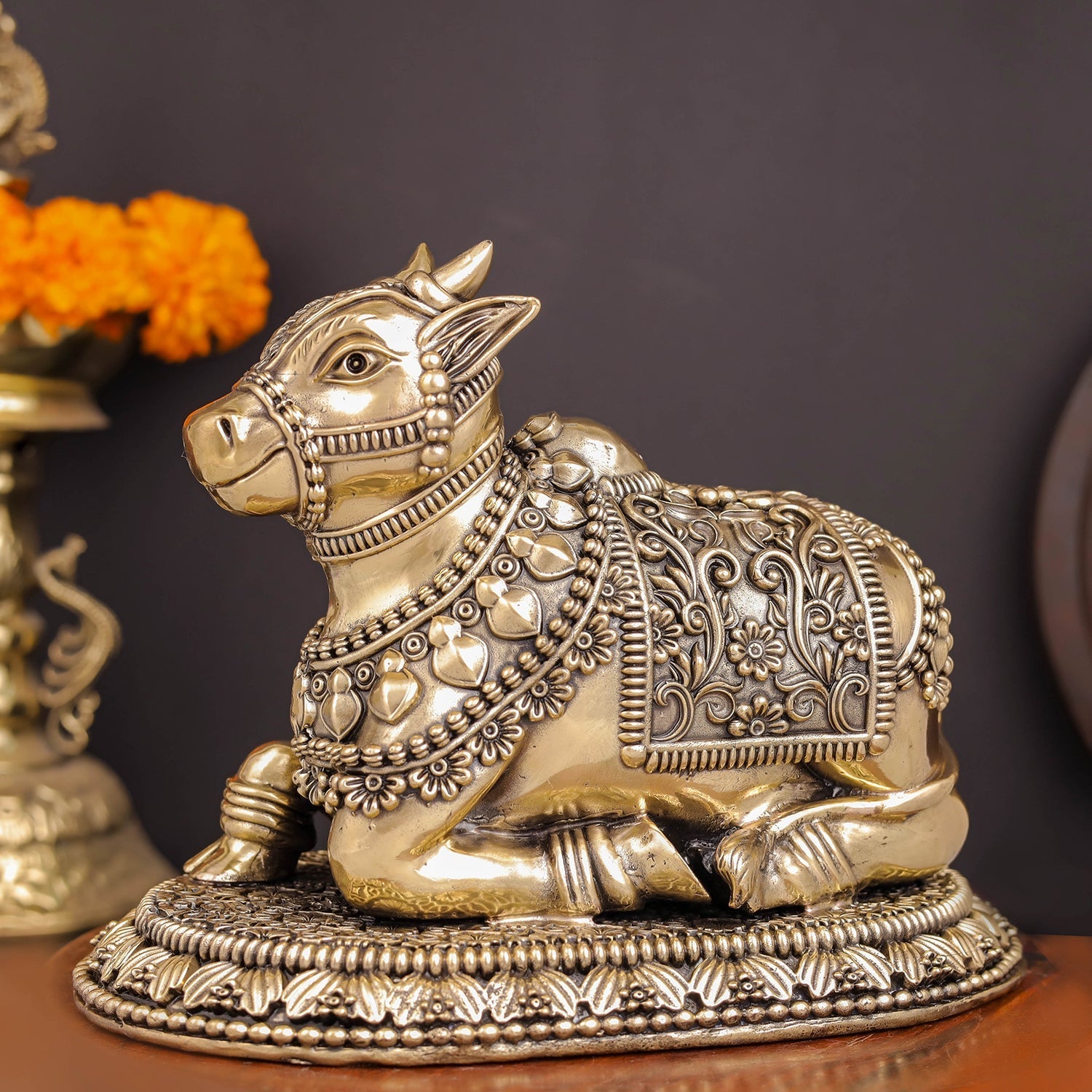 Brass Superfine Large Nandi with Intricate Carvings 8 Inches - Eco-friendly - Sama Homes