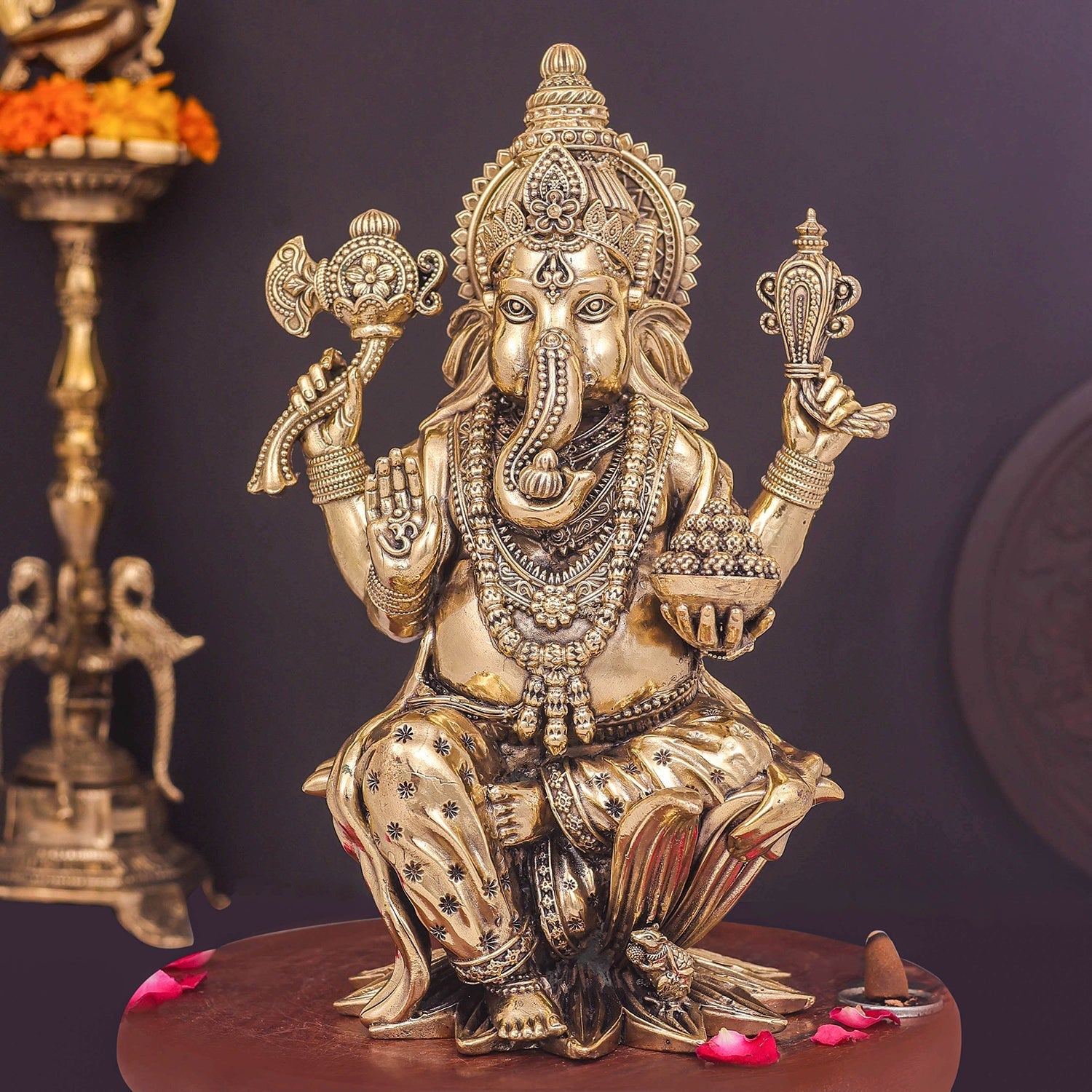 Brass Superfine Lord Ganesha Seated On Lotus 10 Inch - Eco-friendly - Sama Homes
