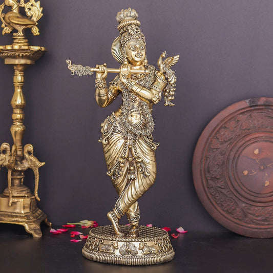 Brass Superfine Lord Krishna Idol Enhanced Carvings 13.5 Inch