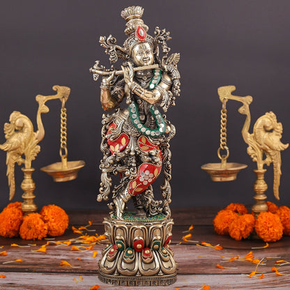 Brass Superfine Lord Krishna Idol Meenakari Stonework 12 Inch by vendor-unknown - Hindu Gods